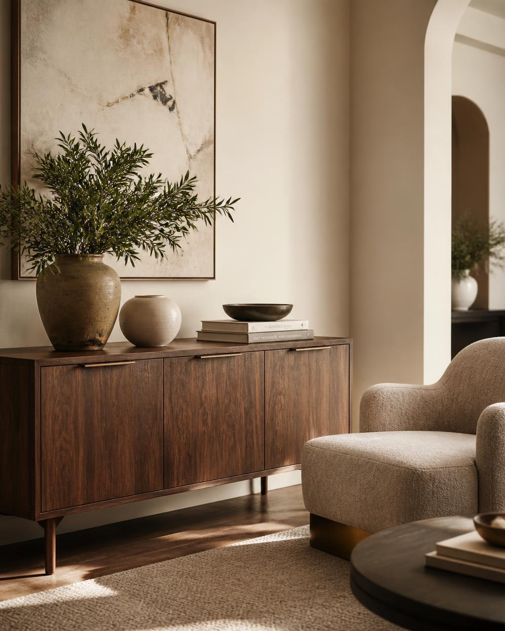 Interior elegante con mobiliario de madera de nogal