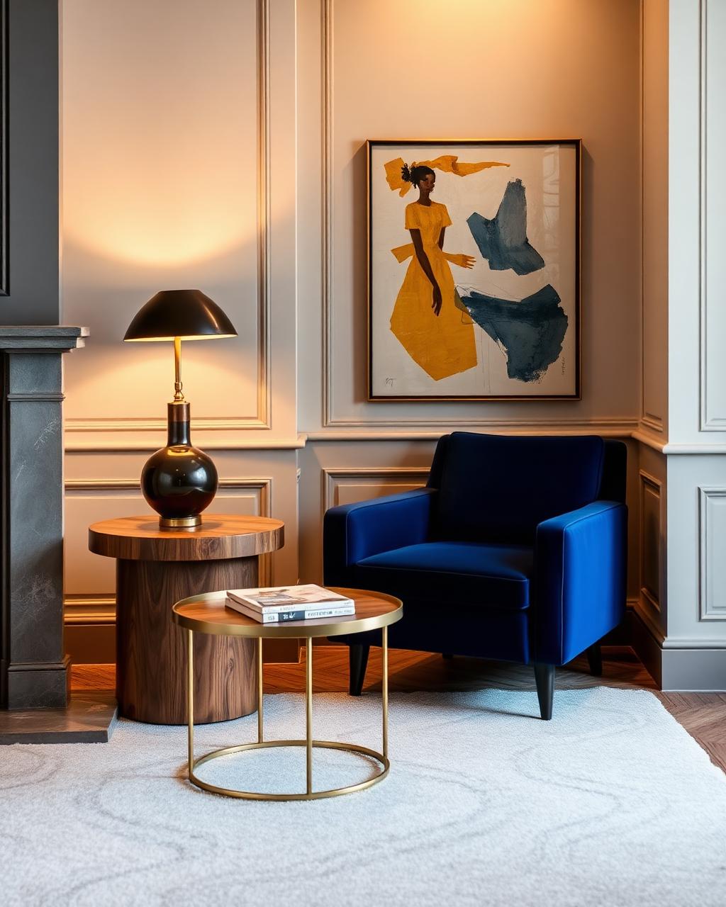 Sillón azul marino con mesa auxiliar de nogal