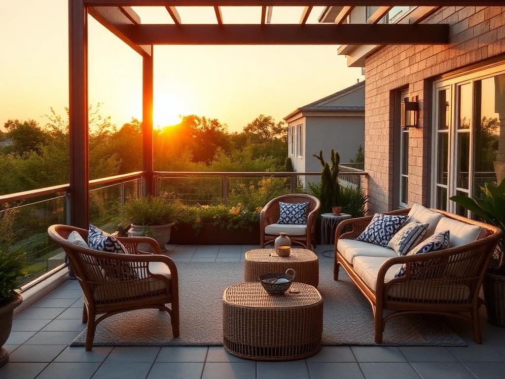 Terraza con mobiliario de exterior al atardecer